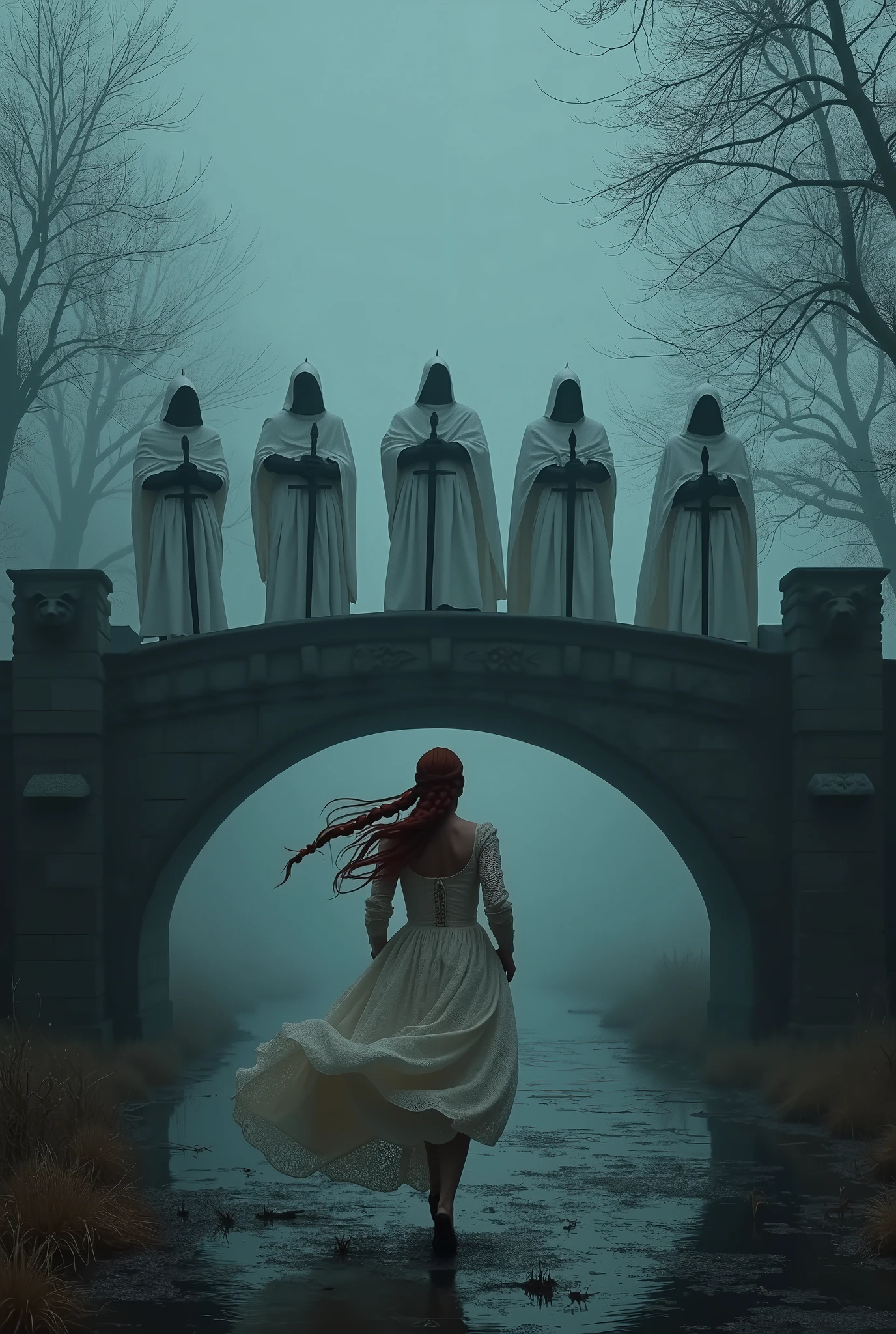  create the profile image of 6 Knights Templar side by side in a row over a very old sinister medieval arch-style bridge filled with musk , The bridge has stone lion-headed pillars at the ends , It's dark night , Environment with thick and sinister fog , dry trees surrounding ,  white clothes and white hoodie hiding her face  , Dark face ,  dystopian and blurry environment  , swamp ,  they wield beautiful polished and reflective medieval swords on the front of their bodies as they walk across the bridge ,,  there is a beautiful 25-year-old girl with braided and long red hair wearing a lacy princess dress running fast from the knights holding her long skirt with her hands,  as realistic as possible,  detailed image ,  High resolution, 8k, award-winning work