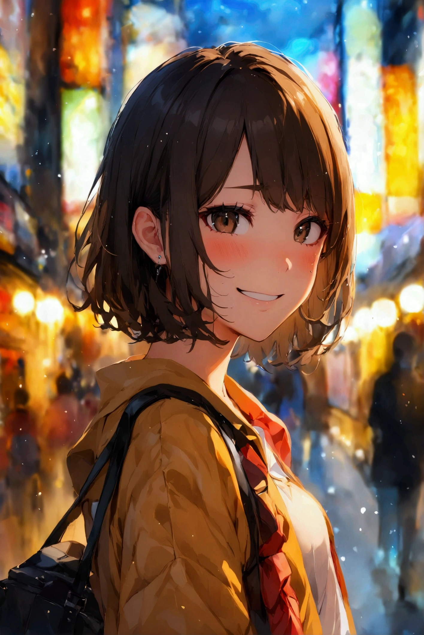 girl, Japanese, 1 person, 18 years old, Idol, Brown Hair, semi-long, Shibuya City, full body:1.0, embarrassed smile:0.5, facing the front, piece