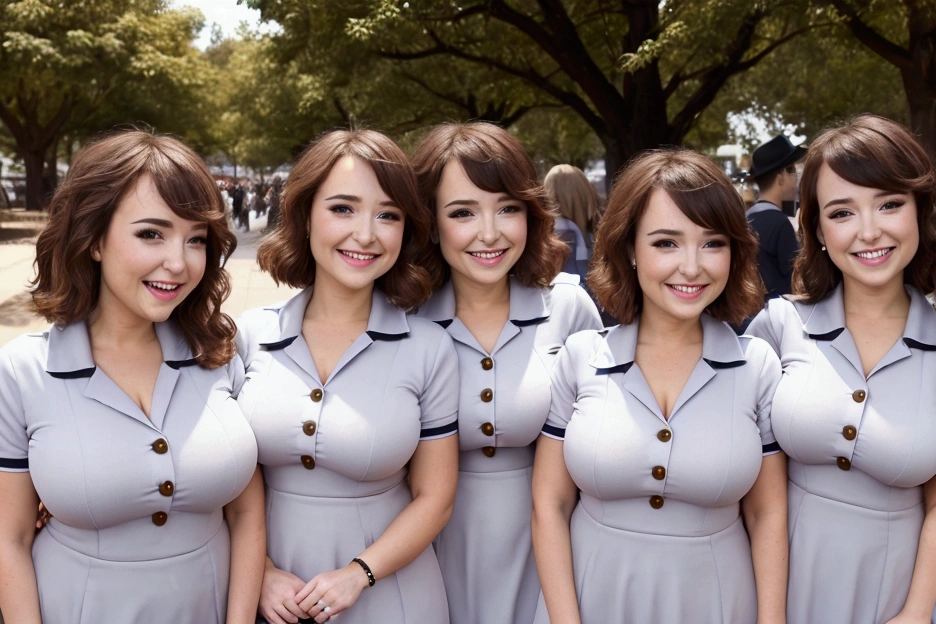 A large group of smiling busty clones wearing identical clothing, mlnvyntrb