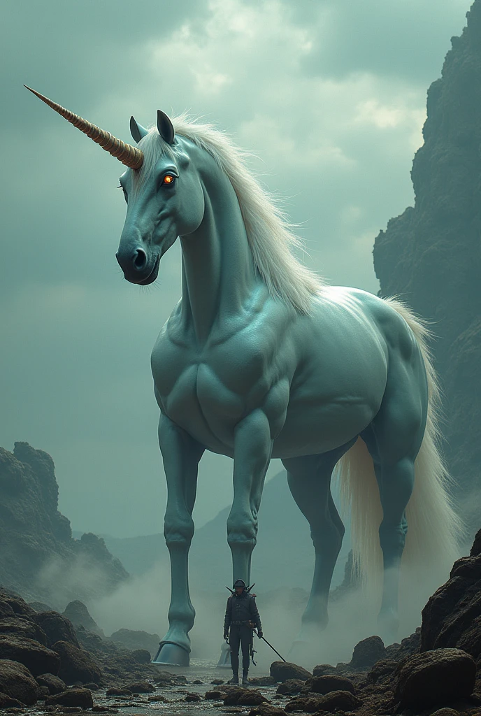 (white unicorn) animal, muscular,((forest)),intimidating look,shiny hair,big chest,sitting with legs open on a rock, Anthropomorphic,furry,anime