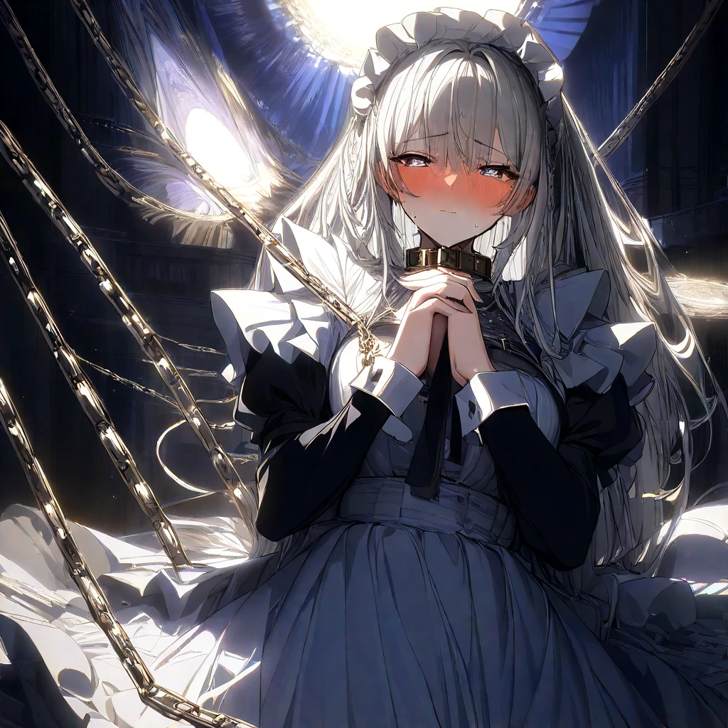 Masterpiece, Very detailed, Ultra-detailed, one tall mature beautiful maid woman. Masterpiece, Very detailed, Ultra-detailed, long lovely silver hair. beautiful dark eclipse-like eyes, her irises are black with a golden outline, her pupils are surrounded by a glowing white light. well endowed. Wearing a collar and leash. wearing chains all over her body. long Victorian maid dress with a long slit in the side going down. Dark-radiance emanating from her. her hands are clasped together. She's embarrassed and ashamed, blushing and sweating a lot.