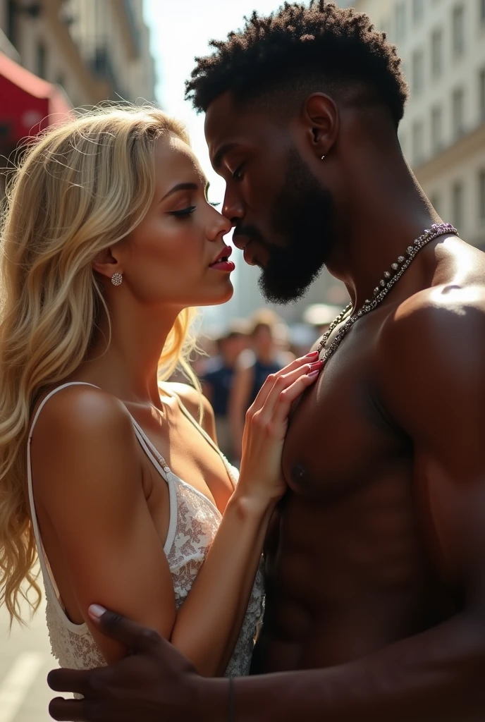 Young russian blonde slim teen kissed by old african man in a African street