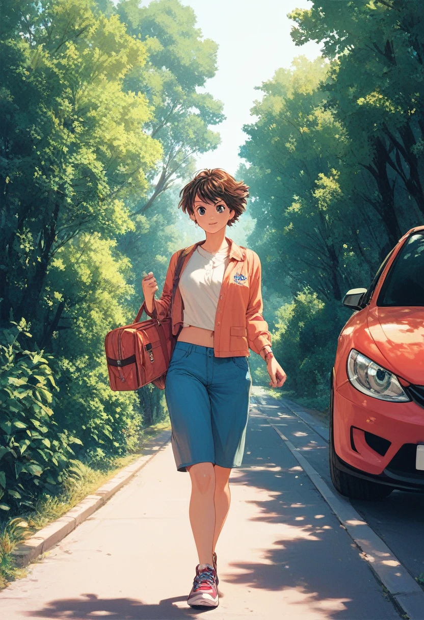 my Honda, ,  short brown hair , student, walking