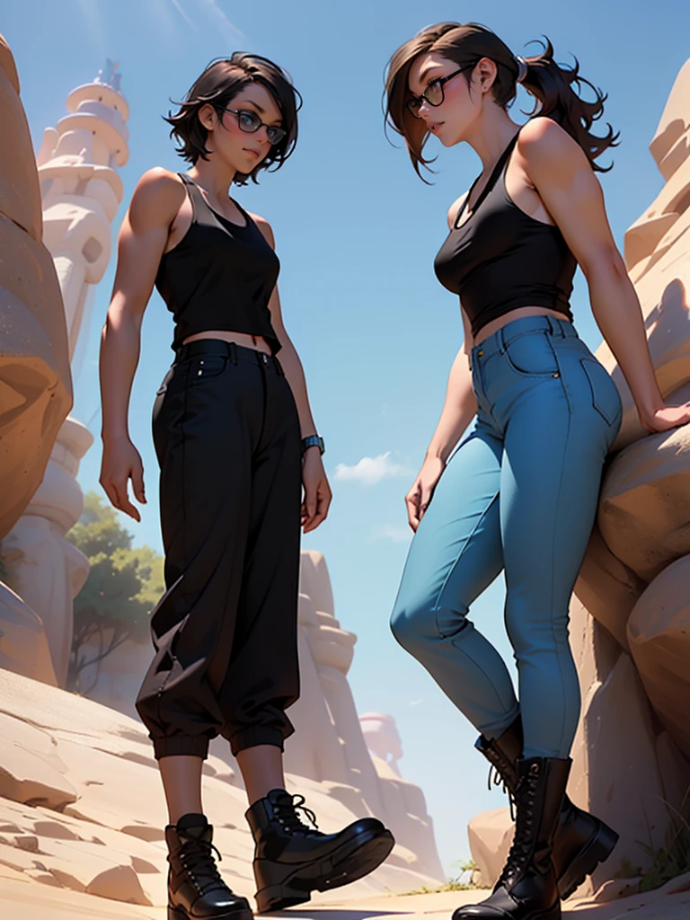 (((Luisa Madrigal from Disney's Enchanto))), ((wearing a black sunglasses)), perfect hands, smooth face, ((wide shoulder)), perfect legs, perfect skin, toned skin, (((wearing a black tanktop)), standing on a cliff, perfect thigh, muscular woman))), camo pants, combat boots