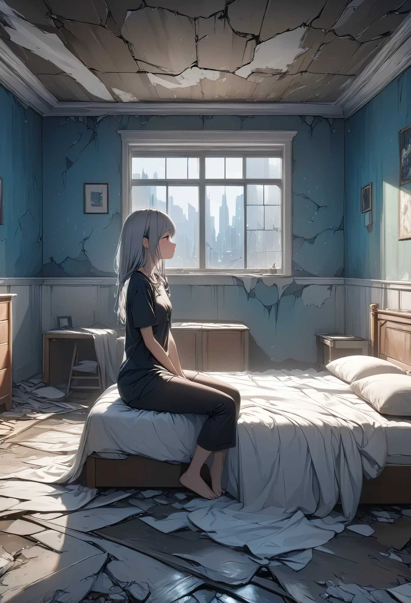 masterpiece, best quality, 8k, highres, ultra-detailed, HDR, UHD, 1girl,sitting bed side,side view,drkgirl, derelict room