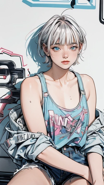 masterpiece, Highest quality, Very detailed, 8k, Realistic, super close up of chest, focus on chest, One Girl, alone, Very detailed face, (head shot:1.5), sitting in front of a wall covered in hip hop graffiti, Cyberpunk neon cityscape,Pixie cut white hair, She is wearing a short neon tank top and an open hoodie, Nice ass, (flat chest:1.2), nsfw, upshorts
