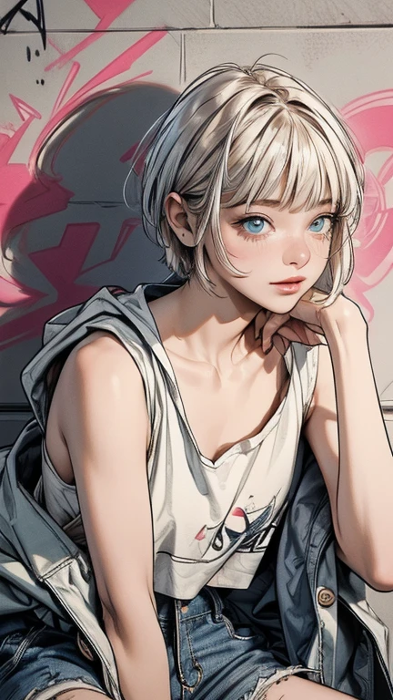 masterpiece, Highest quality, Very detailed, 8k, Realistic, super close up of chest, focus on chest, One Girl, alone, Very detailed face, (head shot:1.5), sitting in front of a wall covered in hip hop graffiti, Cyberpunk neon cityscape,Pixie cut white hair, She is wearing a short neon tank top and an open hoodie, Nice ass, (flat chest:1.2), nsfw, upshorts
