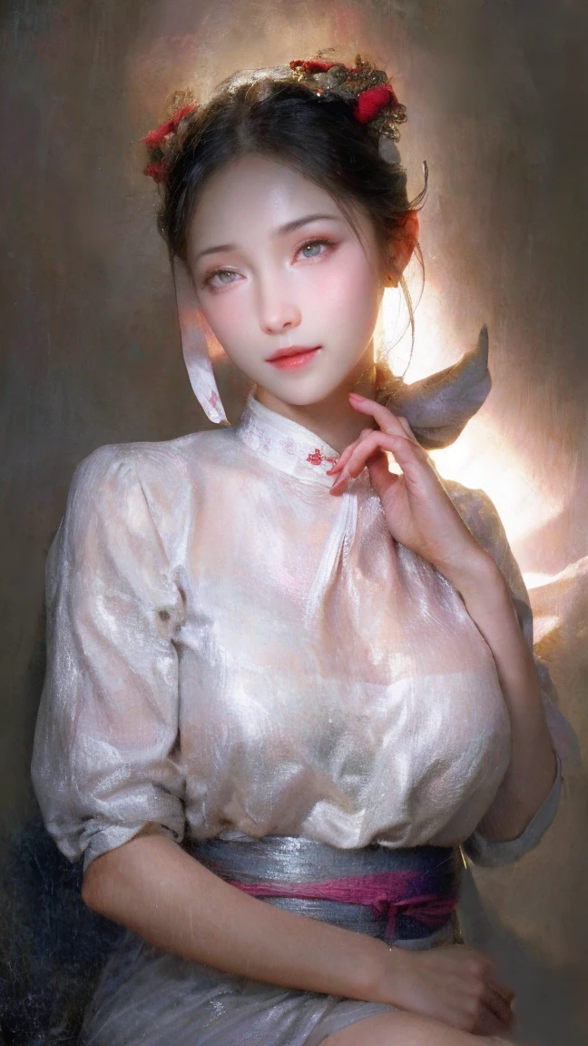 1girl, aodai white, photo art, (flower), a stunning photo with beautiful saturation, ultra high res,(realistic:1.4)),deep shadow,(best quality, masterpiece), pale skin, dimly lit, shade, flustered, blush, highly detailed, skinny, BREAK depth of field, film grain, wrinkled skin, looking at viewer, knee, warm smile, (upper body), masterpiece,ultra realistic,32k,extremely detailed CG unity 8k wallpaper, best quality