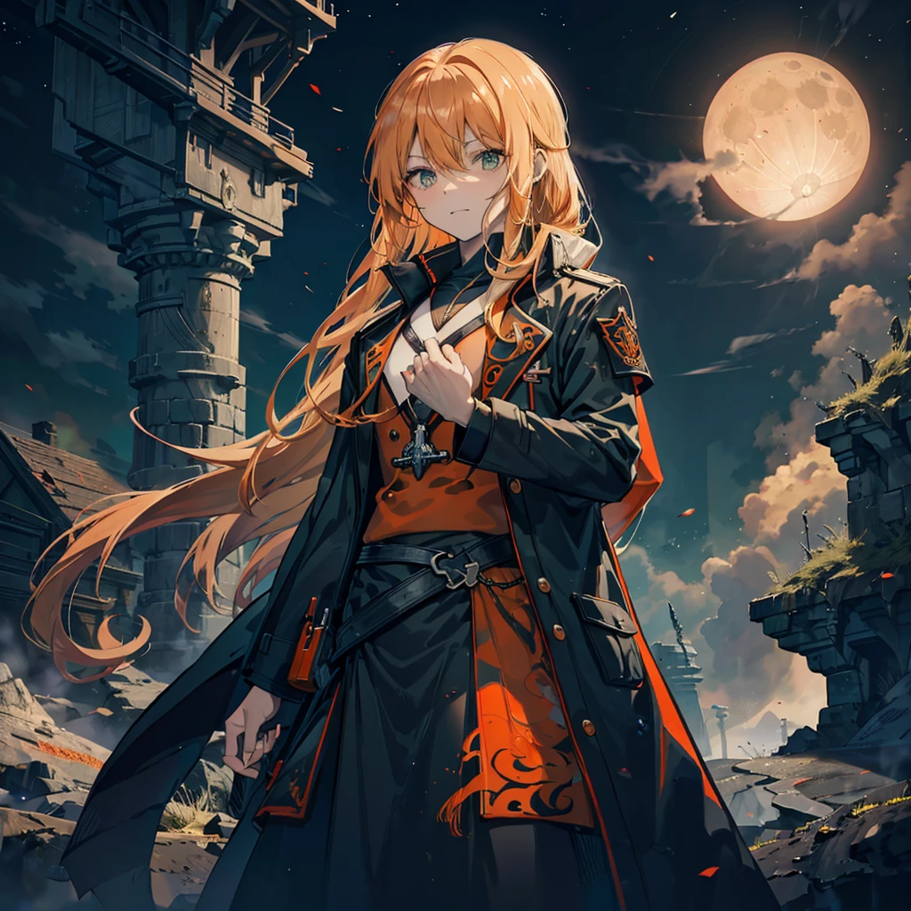 orange battle coat, Orange and black outfit ,  long brand hair,  straight hair,  long bangs  ,  close your mouth and laugh , ４０age,  handsome, Muscular, Narrow green eyes ,  Official Art、  best quality、  Unity 8K Wallpaper 、32K、masterpiece、Super detailed, Male nose, Male Eyes  , Male outline  ,  male skeleton  , carrying a large red sword , Light and Smoke Background , Moonlight,