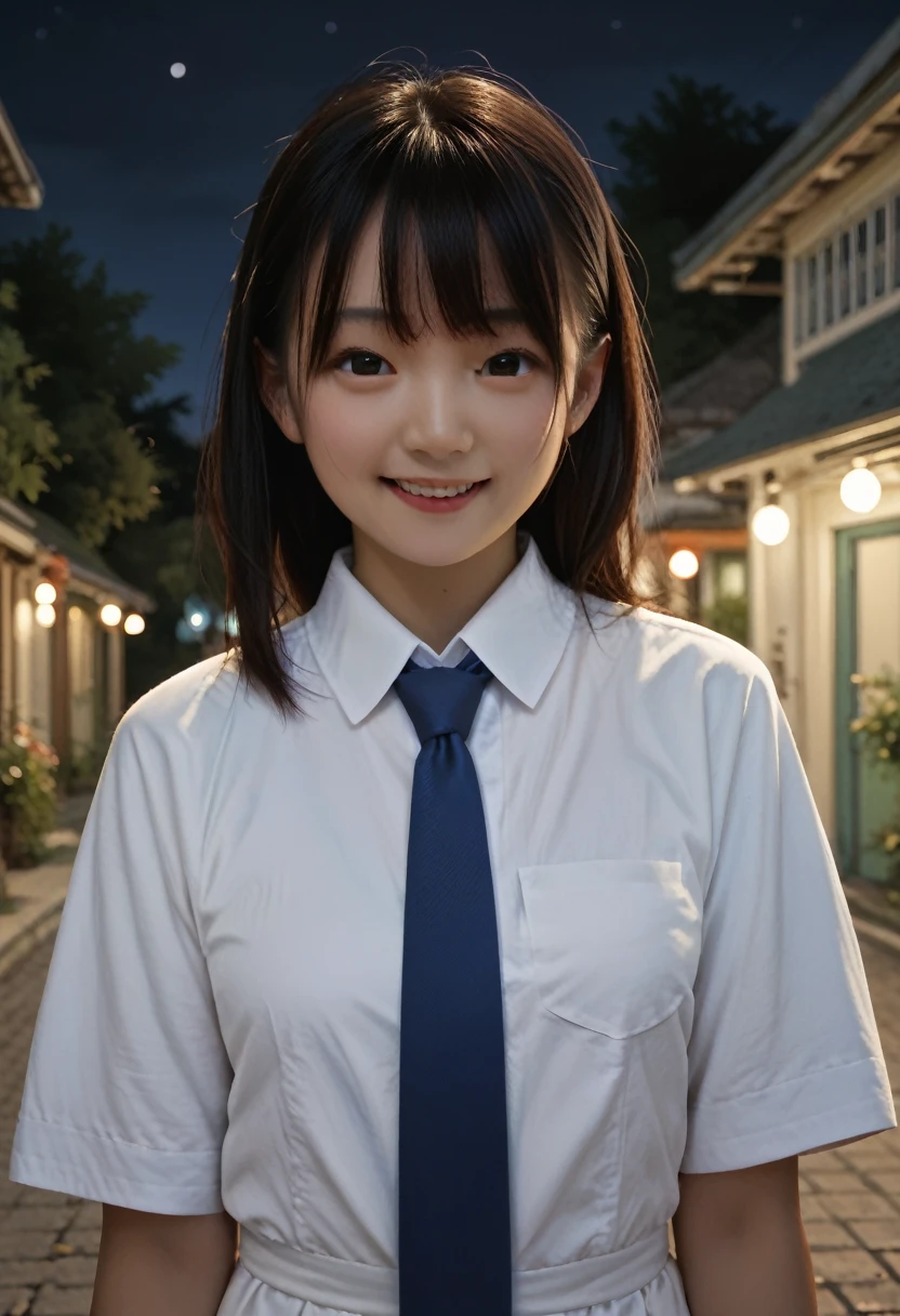 real human skin,very detailed,Asian,black hair,bangs,small breasts,white dress shirt,half sleeves,blue necktie,smile,outdoor,night,upper body