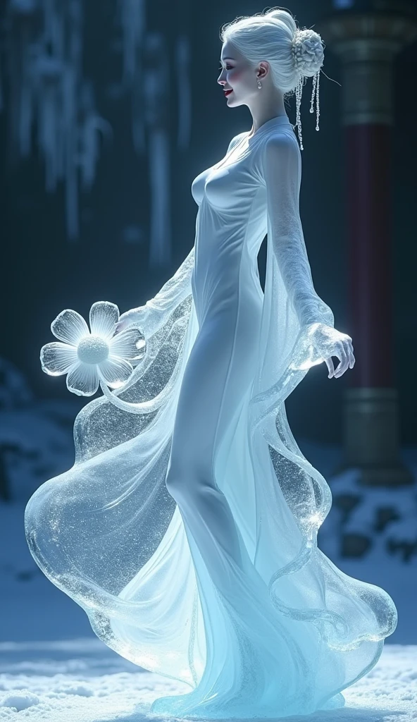 (ice - carving:1.4),Movie Angle,(Fan Bingbing,  ice sculpture girl,Anatomically correct,full bodyesbian,Masterpiece ice sculpture camellia,Representative work Hanfu,Smile,sexy,full body arts,traditional arts)