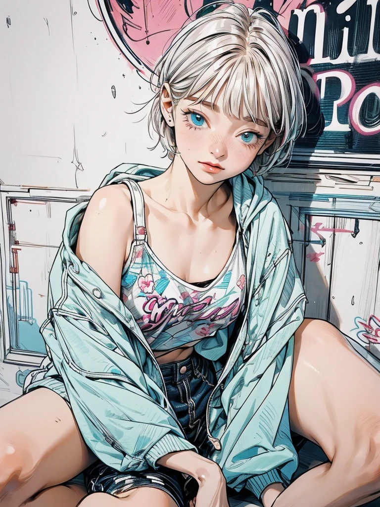 masterpiece, Highest quality, Very detailed, 8k, Realistic, super close up of chest, focus on chest, One Girl, alone, Very detailed face, (head shot:1.5), sitting in front of a wall covered in hip hop graffiti, Cyberpunk neon cityscape,Pixie cut white hair, She is wearing a short neon tank top and an open hoodie, Nice ass, (flat chest:1.2), nsfw, upshorts
