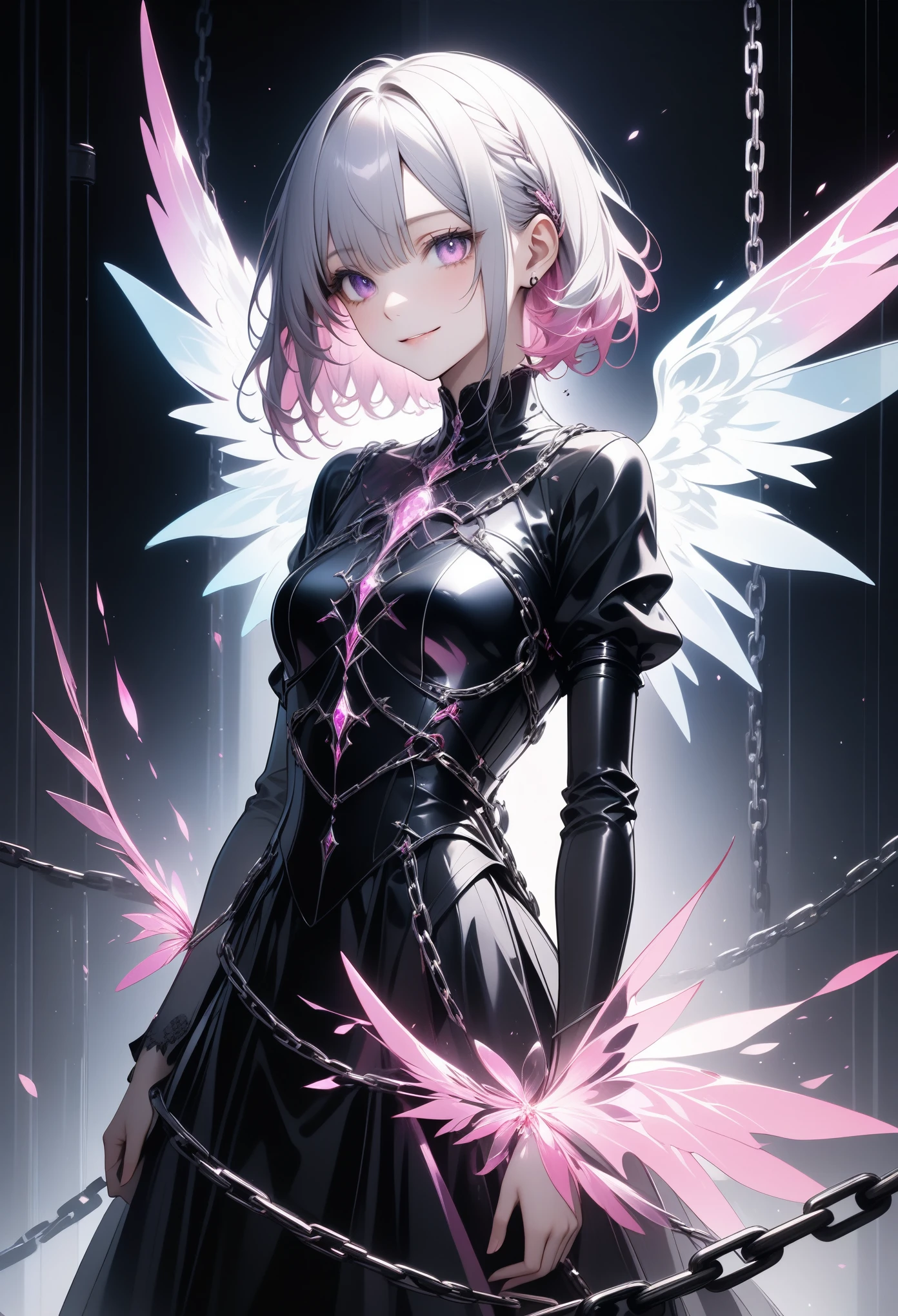 Gothic Angel, Imprisoned in metal chains, Black and pink are the trademark colors, NEXT, Transparent, holographic, glowing wings growing from his back, Captivating mid-chest, Whisper to the audience, A nasty smile, Captivate you, Strong, fleeting, and cruel eyes,