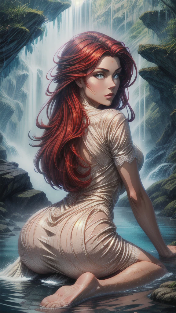 (masterpiece, high detail, high resolution, art style by Greg Rutkowski, depth of field), (a fully ((naked)) warrior woman sitting on rocky surface in shallow water, resting from her travel, she's about to remove her cloak, view from behind, side glance, looking at the viewer) sideboob, (large white cloak billowing dramatically in the wind at her back), visible muscles, sculpted body, strong arms, brown skin, ((dusty skin with sweat streaks)), (thick rusty paint hair: 1.8), sensual, (small breasts: 1.9), ((strong body)), full body view, ((dark background:1.8, inside of a cave background), (stern facial expression), relaxed, detailed, (volumetric paint explosions, vibrant colours, level difference detail), dusty atmosphere, backlight, contour light, ((her clothes are on the ground next to her)), strong but seductive