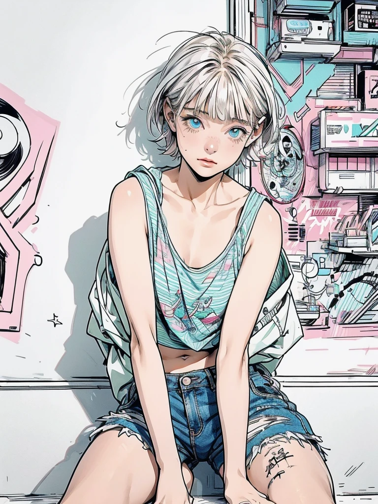 masterpiece, Highest quality, Very detailed, 8k, Realistic, super close up of chest, focus on chest, One Girl, alone, Very detailed face, crouching in front of a wall covered in hip hop graffiti, Cyberpunk neon cityscape,Pixie cut white hair, She is wearing a short neon tank top and an open hoodie, Nice ass, (flat chest:1.2), nsfw, upshorts
