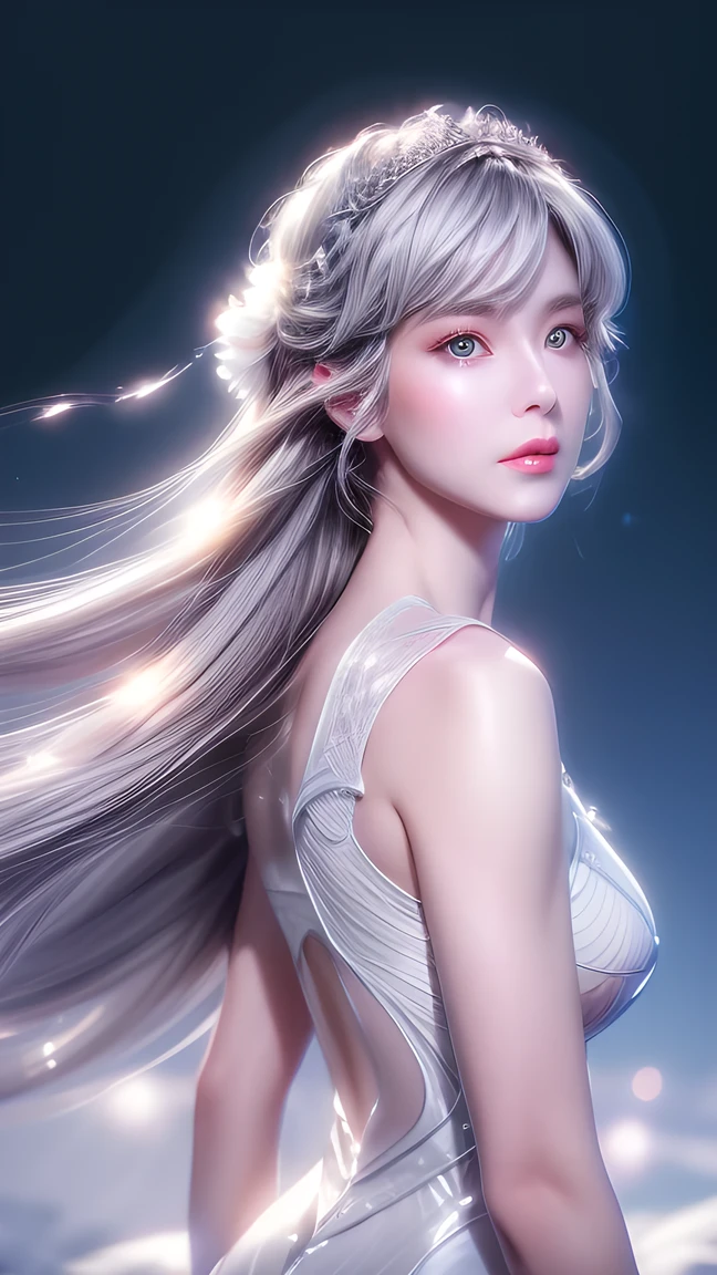 ( White Wings ,Angel:1.2),( White feathers falling on the background :1.1), ((masterpiece)), ( detailed:1.4), actual 、 Beautiful female images, high resolution( high dynamic range ), ray tracing,Nvidia,Super Resolution,PBR Textures,Post-processing, anisotropic filter , Maximum depth of field resolution and clear layered texture,Albedo and mirror sticker ,Surface Shading, Precisely simulates material interaction ,Perfect balance,Rendering with Octane,Two-color light,Large diameter,Low ISO,White Balance,Rule 3 points、8K raw data、Backlight、Dancing woman、 Beautiful white shiny skin 、 Grey hair that changes with light 、Long bangs block your view、Blush Highlights、 Sexy and very beautiful lovely face 、The most beautiful face in the world、Extra Long and Gorgeous White Hair、Straight hair、White hair fluttering in the wind、Large target, Shiny light blue eyes 、Beautiful bangs、Beautiful and lovely girl 25 years old、Magical Valley 、 A beautiful dress、From the side