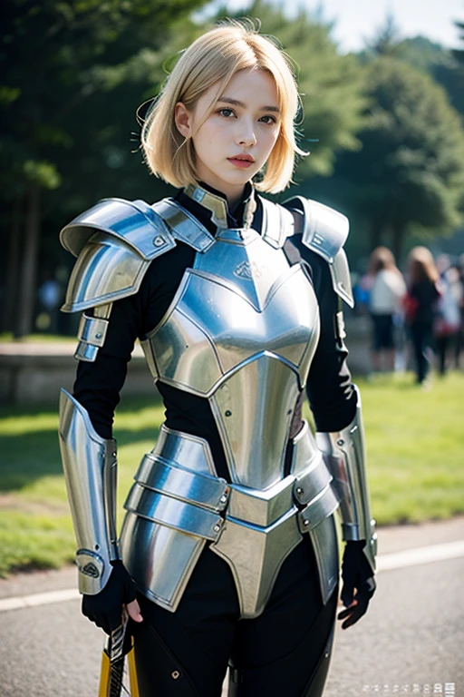 masterpiece、 best quality、 photorealistic、 high definition 、Metal Armor,sword,Alone, blond hair, gauntlet , shorthair ,male focus,One person,Beauty,Blur,Blur background,Planted Sword, standing ,Look here,Realistic,極端な Details,Realistic,Vivid,Accurate,  Details,  metallic   sheen,  metallic  , fusion of organic and mechanical elements,Futuristic, Cybernetic,  Details,Complex,35mm Photography,membrane,Bokeh,Professional,4K,highly   Details、戦場のセクシーBeauty
