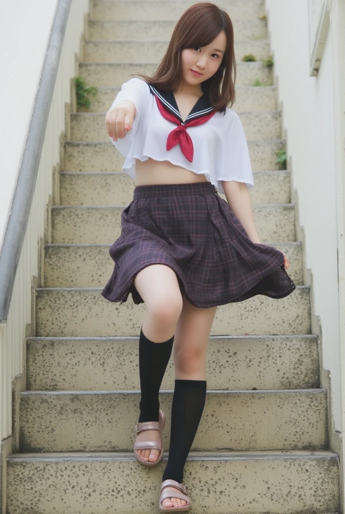  voyeuristic shot from the bottom of the stairs、Descending an external staircase 、 open shirt 、 no underwear、Skirts roll up in strong winds、 one girl 、Japanese Uniform、Sandals、smile