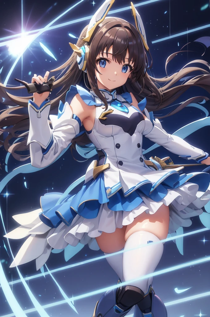 smile、smile、mecha wing、Thighs、tights、chest、 shiny hair、 1 girl、 solo girl 、 headset 、idol dress、 I have a sword、mecha girl、 light blue miniskirt、I have a white armor 