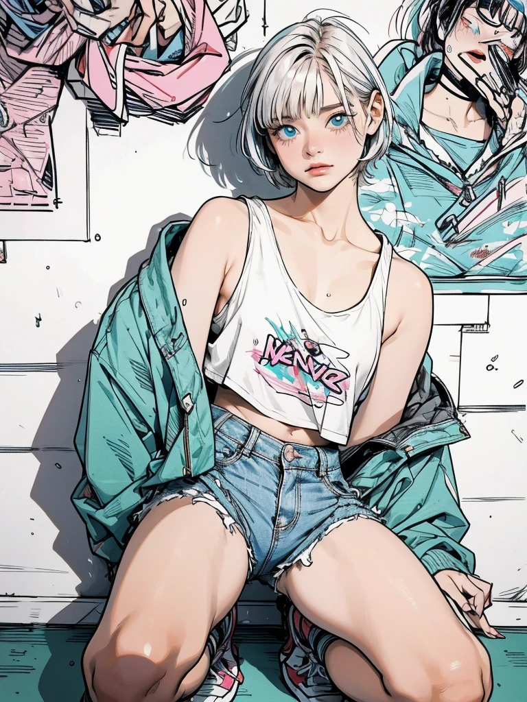 masterpiece, Highest quality, Very detailed, 8k, Realistic, super close up of chest, focus on crotch, One Girl, alone, Very detailed face, crouching in front of a wall covered in hip hop graffiti, Cyberpunk neon cityscape,Pixie cut white hair, She is wearing a short neon tank top and an open hoodie, Nice ass, (flat chest:1.2), nsfw, upshorts
