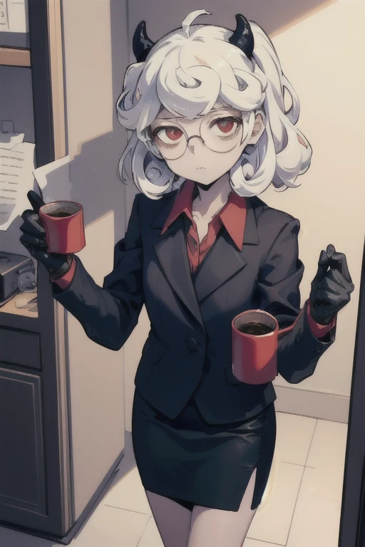 (masterpiece, best quality:1.2), solo, 1girl, htpandemonica, expressionless, looking at viewer, holding coffee mug, glasses, formal, suit, black jacket, red shirt, black gloves, black skirt 