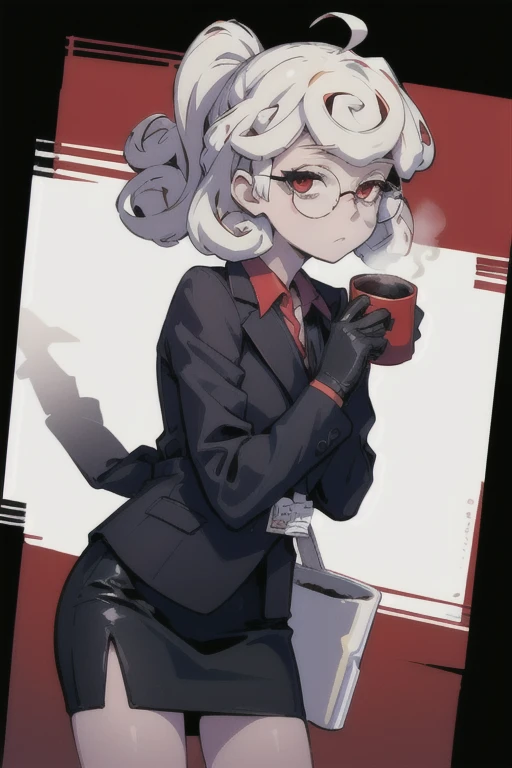 (masterpiece, best quality:1.2), solo, 1girl, htpandemonica, expressionless, looking at viewer, holding coffee mug, glasses, formal, suit, black jacket, red shirt, black gloves, black skirt 