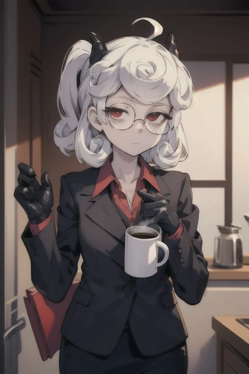 (masterpiece, best quality:1.2), solo, 1girl, htpandemonica, expressionless, looking at viewer, holding coffee mug, glasses, formal, suit, black jacket, red shirt, black gloves, black skirt 