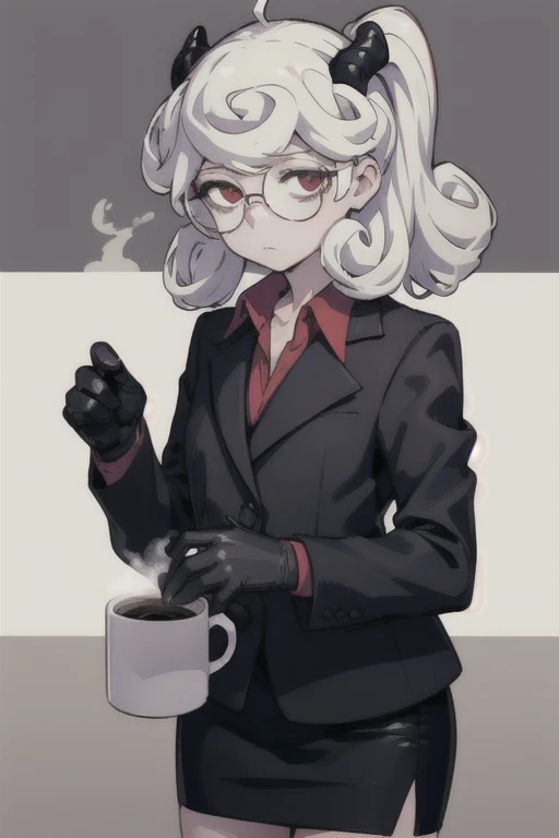 (masterpiece, best quality:1.2), solo, 1girl, htpandemonica, expressionless, looking at viewer, holding coffee mug, glasses, formal, suit, black jacket, red shirt, black gloves, black skirt 