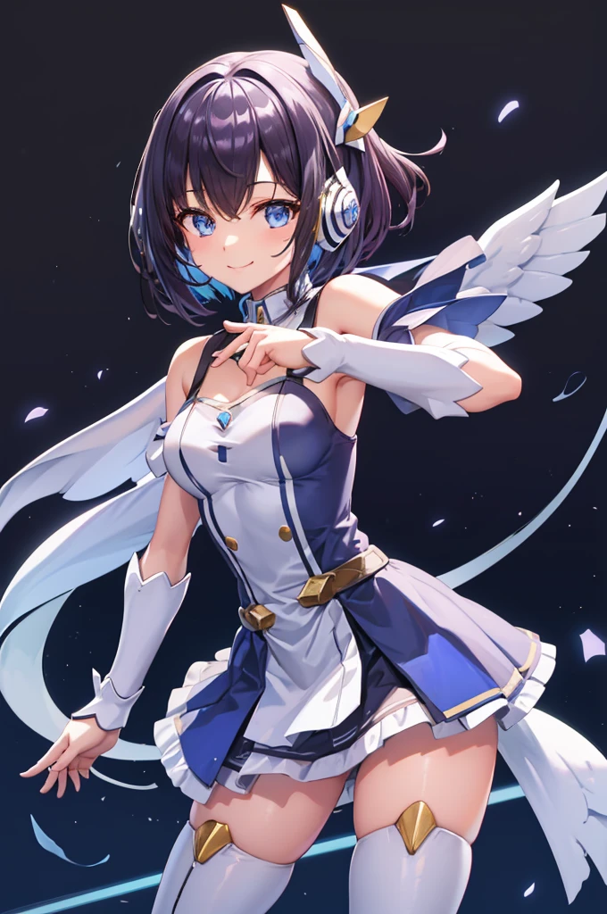 smile、smile、mecha wing、Thighs、tights、chest、 shiny hair、 1 girl、 solo girl 、 headset 、idol dress、 I have a sword、mecha girl、 light blue miniskirt、I have a white armor 、 short bob