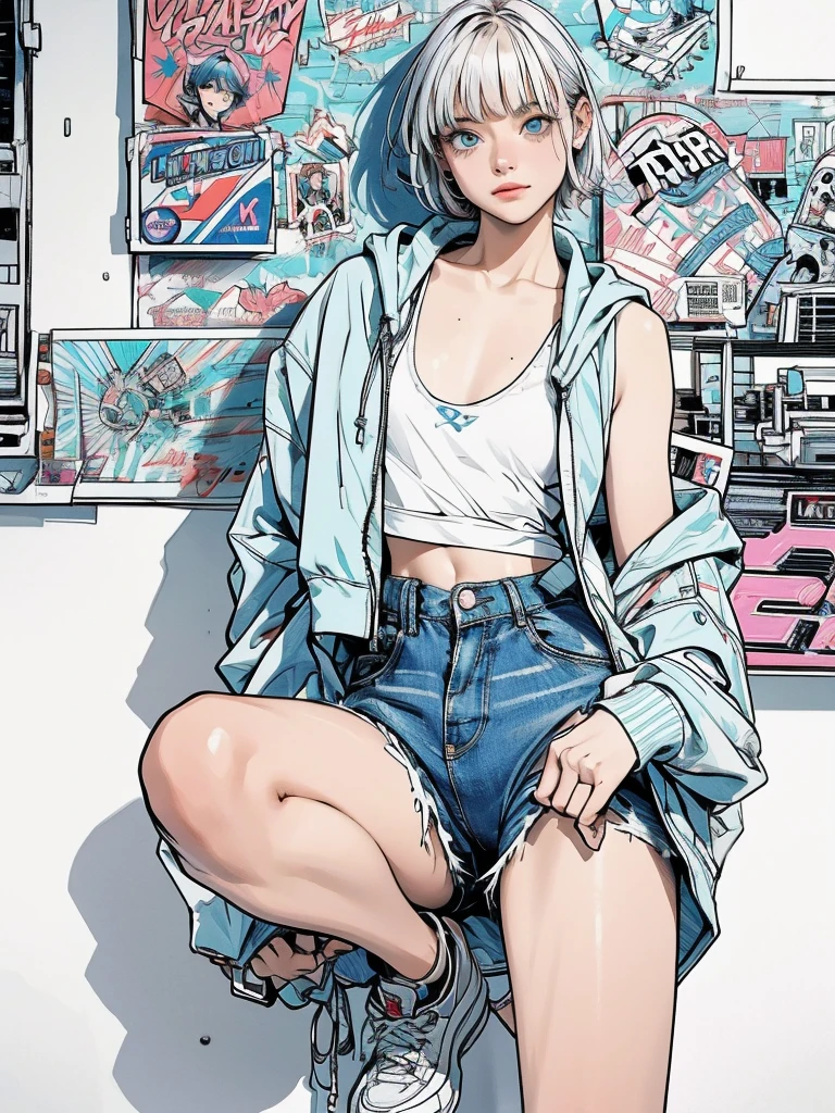 masterpiece, Highest quality, Very detailed, 8k, Realistic, super close up of chest, focus on crotch, One Girl, alone, Very detailed face, crouching in front of a wall covered in hip hop graffiti, Cyberpunk neon cityscape,Pixie cut white hair, She is wearing a short neon tank top and an open hoodie, Nice ass, (flat chest:1.2), nsfw, upshorts
