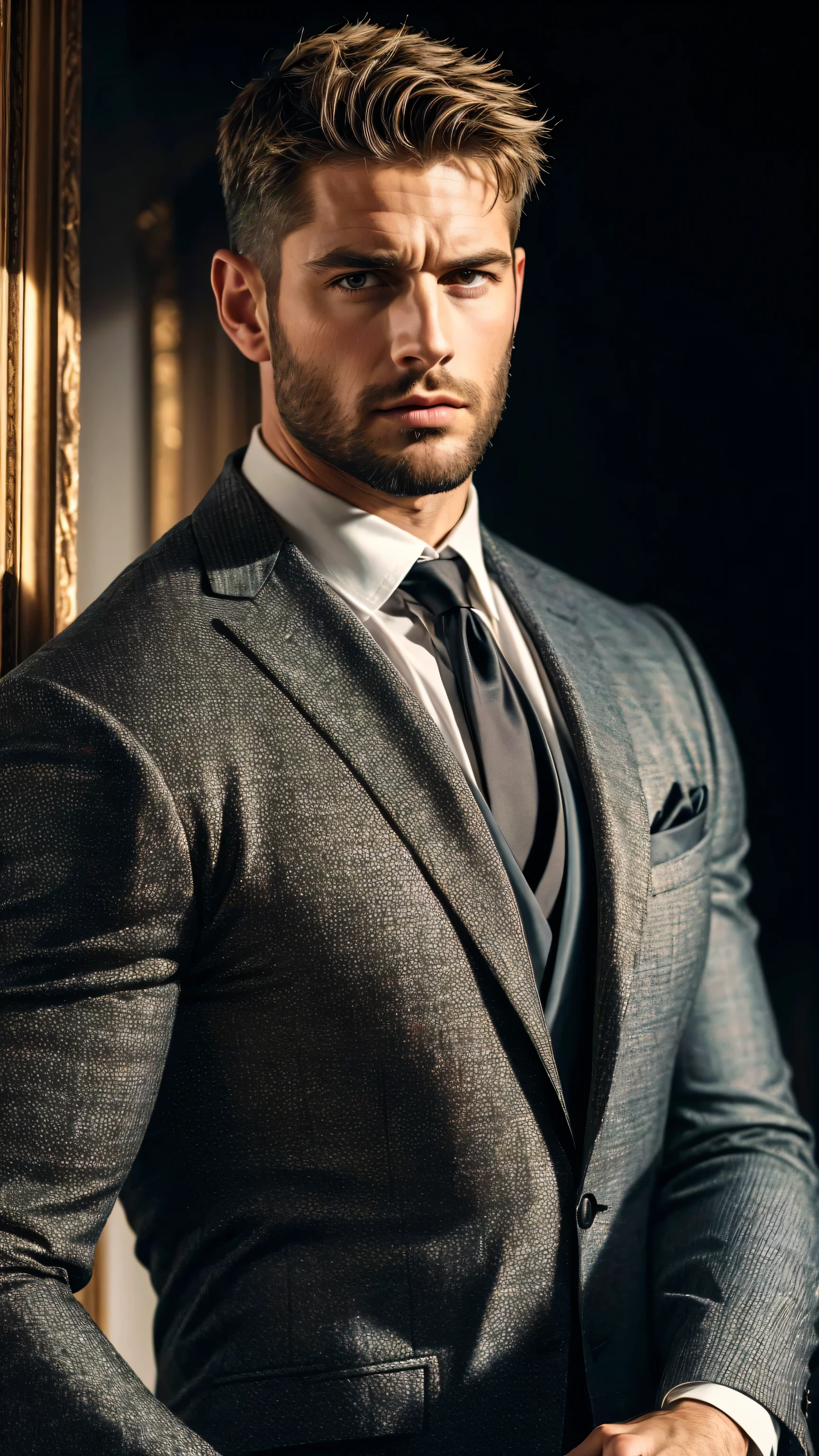 highly detailed painting, portrait, , poetic pastoral. short hair, small head tall , big beardfinger rings, wearing a suit and tie, wearing a suit and a tie, wearing suit and tie, wearing a shirt with a tie, wearing a business suit, wearing business suit, wearing black grey suit, wearing a stylish men's suit, wearing a suit, wearing a strict business suit, (8K, masterpiece, best quality, high resolution, Super detailed)elegant!Stylish background!!high-definition, 8k, !muscular, chesthair, Furry chest muscles!shirtless,smirk, masterpiece, best quality, high resolution, detailed background,Strong body,Very,male, Rugged and handsome looking,Muscle tissue,Excessive muscles,chest muscles!Angry detailed background, frown, best quality, masterpiece,(muscular ),), Germany Male !,,Portrait side view!,handsome male (detailed face:1.2),, ! tall! (detailed face:1.2),, ! tall!