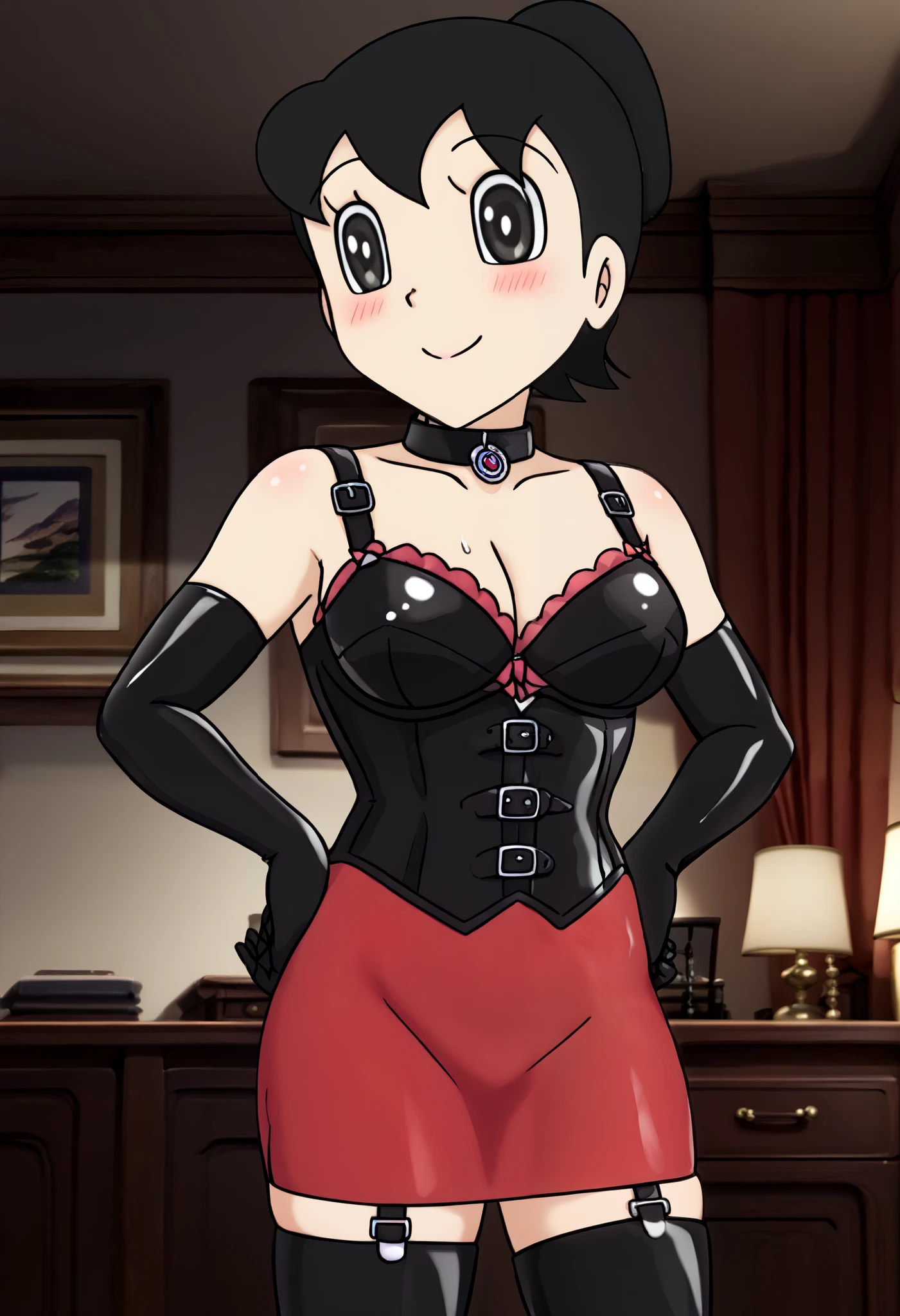 BDSM、Queen、mistress、(((One girl)))、(((solo:1.8)))、(((Black latex elbow gloves:1.4)))、((( black latex corset dress :1.4)))、((( corset dress is decorated with beautiful lace)))、((( corset dress with shoulder straps )))、((( black latex tight mini skirt:1.4)))、((( Black Thigh-High Boots :1.4)))、(((Black rubber tights:1.2)))、((( stiletto heel boots:1.4)))、((( black latex high leg panties )))、(((Black latex bra)))、(((Black leather collar)))、((( sexy pose:1.4 )))、 wide thigh opening:1.2、((( erotic)))、((( cowboy shots)))、 close-up 、((( place your hands on your lower back)))、Beautiful eyes with highlights、きめ細かい beautiful skin 、Two perfect anatomical arms、Two perfect anatomical legs、(Four perfect fingers and one thumb)、 beautiful skin 、Moderate muscle、 best quality、 high definition 、 anatomically accurate、 textured skin、Ultra delicate、sweat、Thighs、 black hair、 ponytail、Clothes、 pink skirt、(Big Eyes)、(Long eyelashes)、( of)、 cross your arms、smile、blush