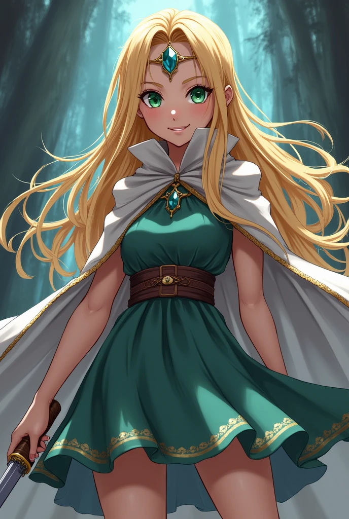 Naruto anime girl with dress with belt , She has blonde hair, green eyes, she has a knife in her hand , a cape she wears a forehead crown with crystal she has brown hair and brown eyes