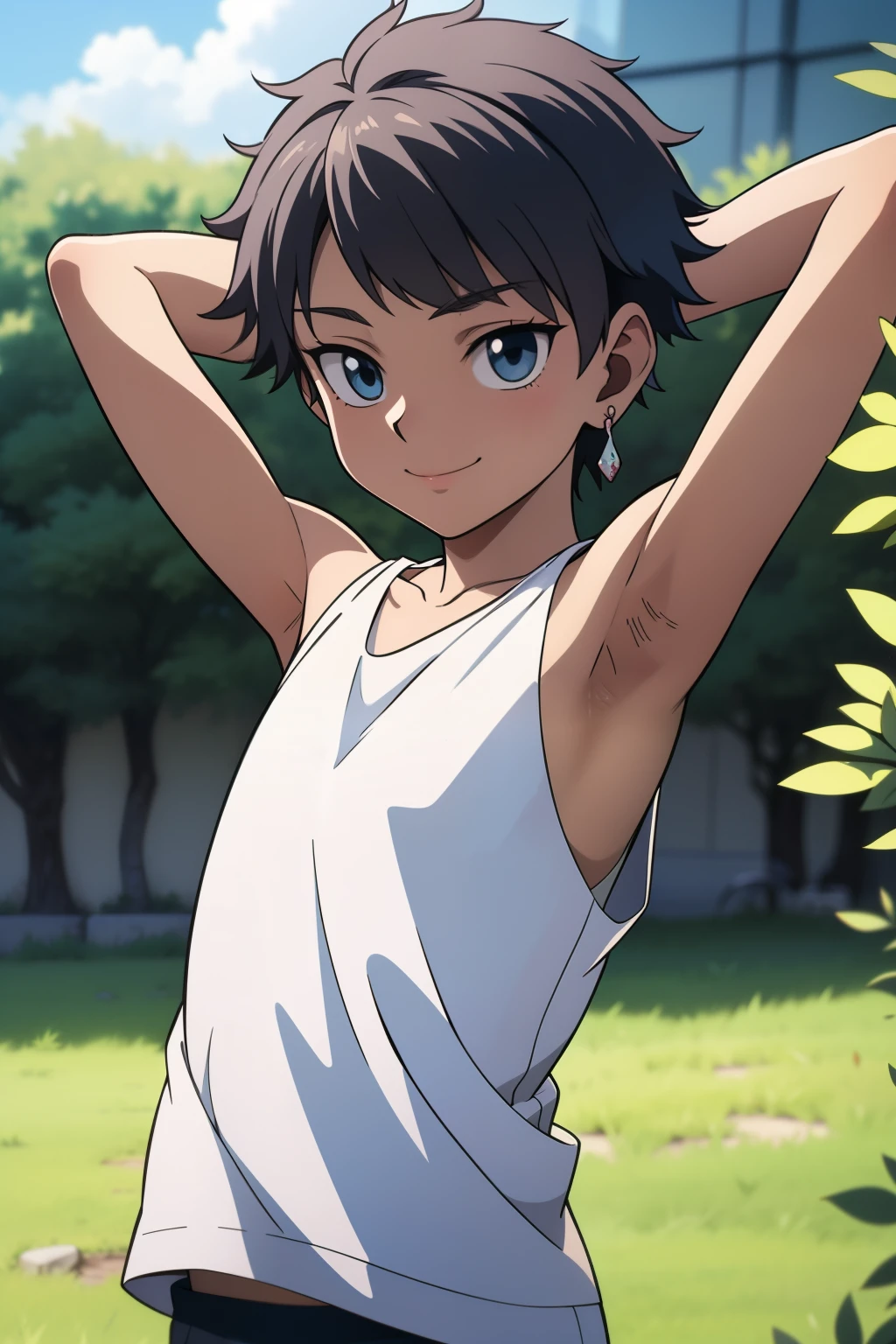 Highres, Masterpiece, Best quality at best,Best Quality,hight quality, hight detailed, Anime style, 1boy, Boy, Shota, Solo person, dark skin, hansome, short hair, Earring, Tank top, Upper body, Summer day, naughty smile, Slim body, Blurry beckground, Seen from the front, (Showing armpit:1.3), (very young boy), (very small and short body), Uhd