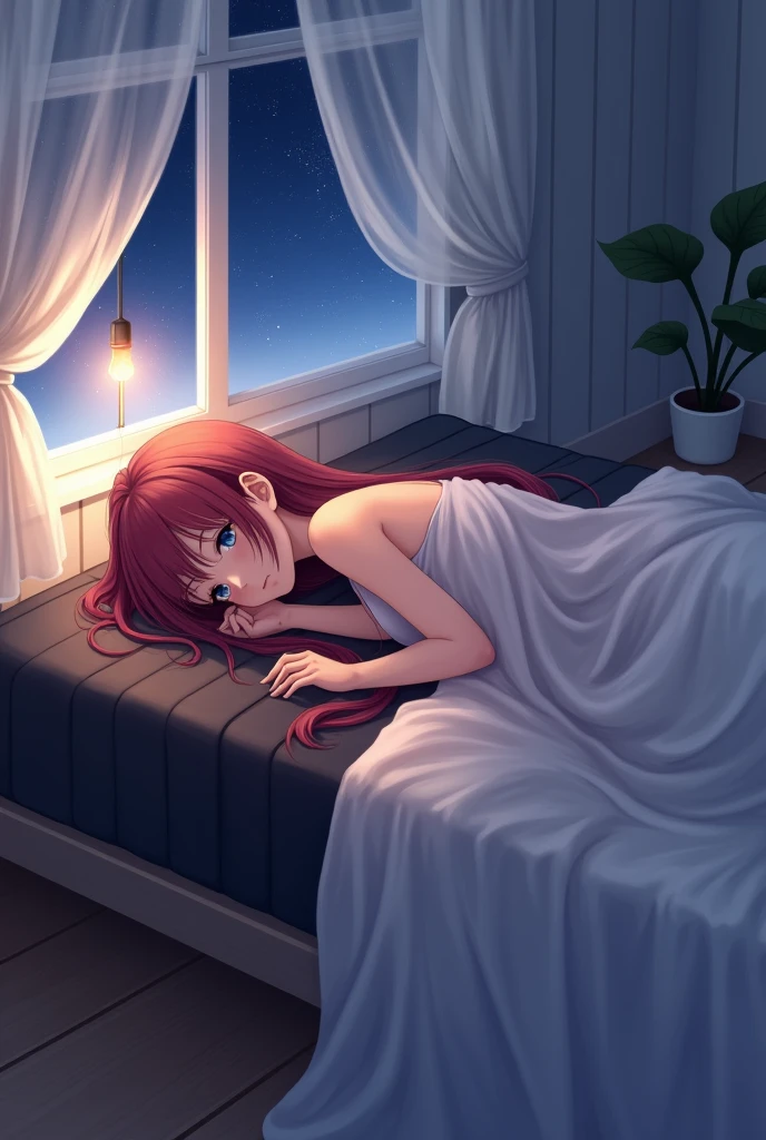 In the middle of the silent night, a beautiful room is located by the seashore. Red-haired girl lay on the bed. The large, open windows let in the soft moonlight into the room, illuminating every corner with light
