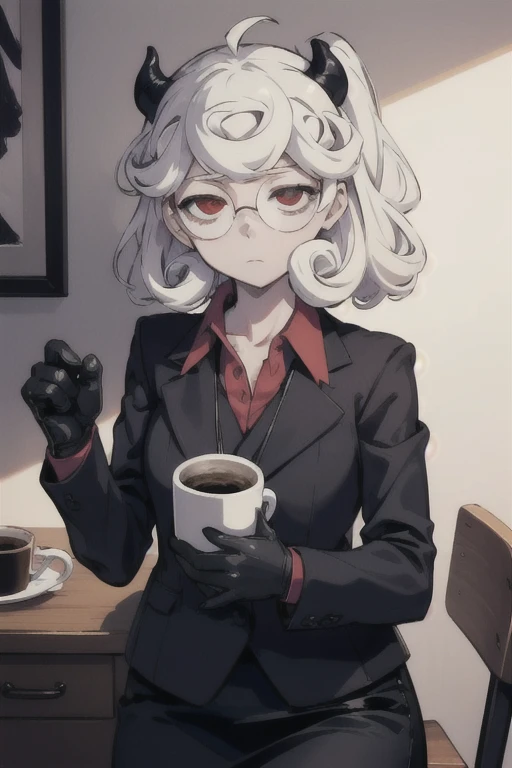 (masterpiece, best quality:1.2), solo, 1girl, htpandemonica, expressionless, looking at viewer, holding coffee mug, glasses, formal, suit, black jacket, red shirt, black gloves, black skirt 