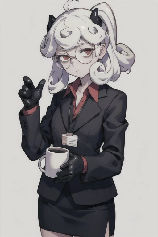 (masterpiece, best quality:1.2), solo, 1girl, htpandemonica, expressionless, looking at viewer, holding coffee mug, glasses, formal, suit, black jacket, red shirt, black gloves, black skirt 