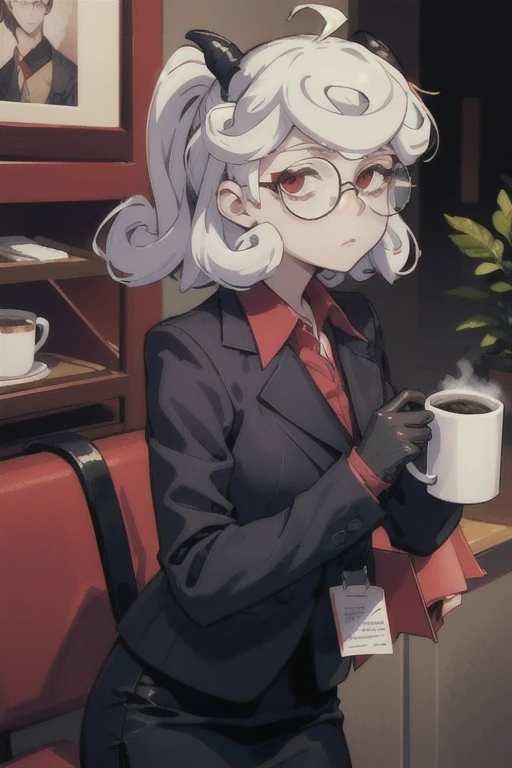 (masterpiece, best quality:1.2), solo, 1girl, htpandemonica, expressionless, looking at viewer, holding coffee mug, glasses, formal, suit, black jacket, red shirt, black gloves, black skirt 