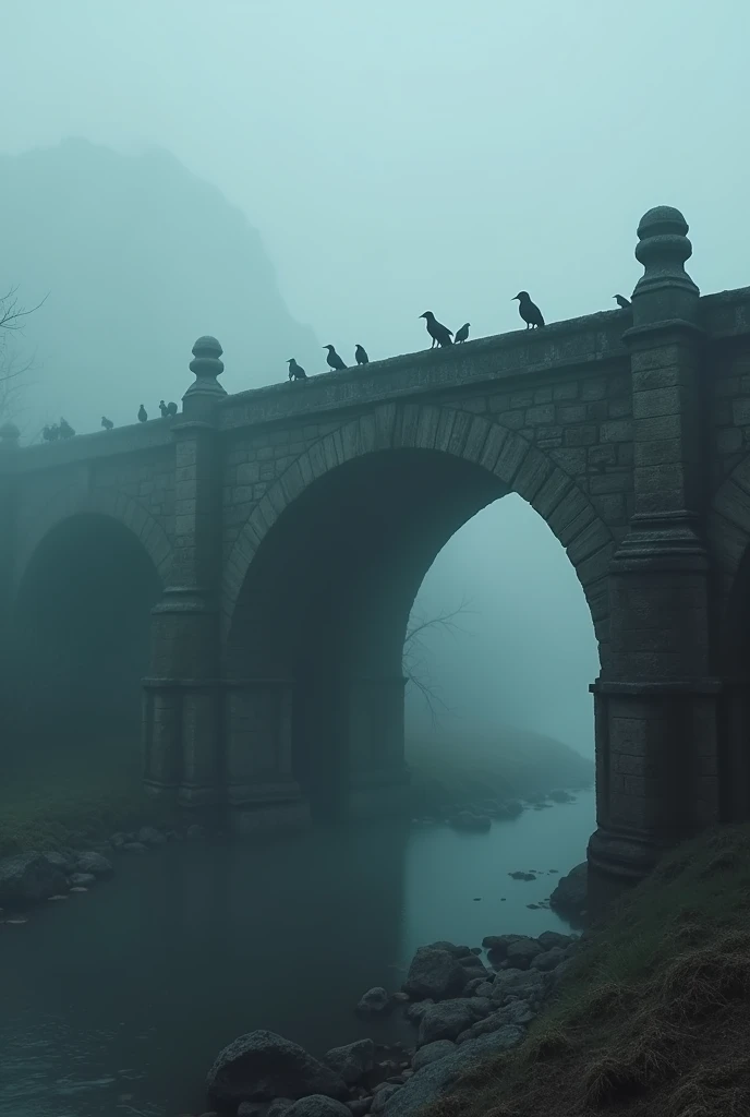 Realistic, theme is "Old bridge shrouded in fog", old bridge ahead, foggy and dim scenery, flocks of crows on the old bridge, eerie atmosphere, medieval Europe-like, sophisticated design, advanced lighting technology, real photo 8K quality