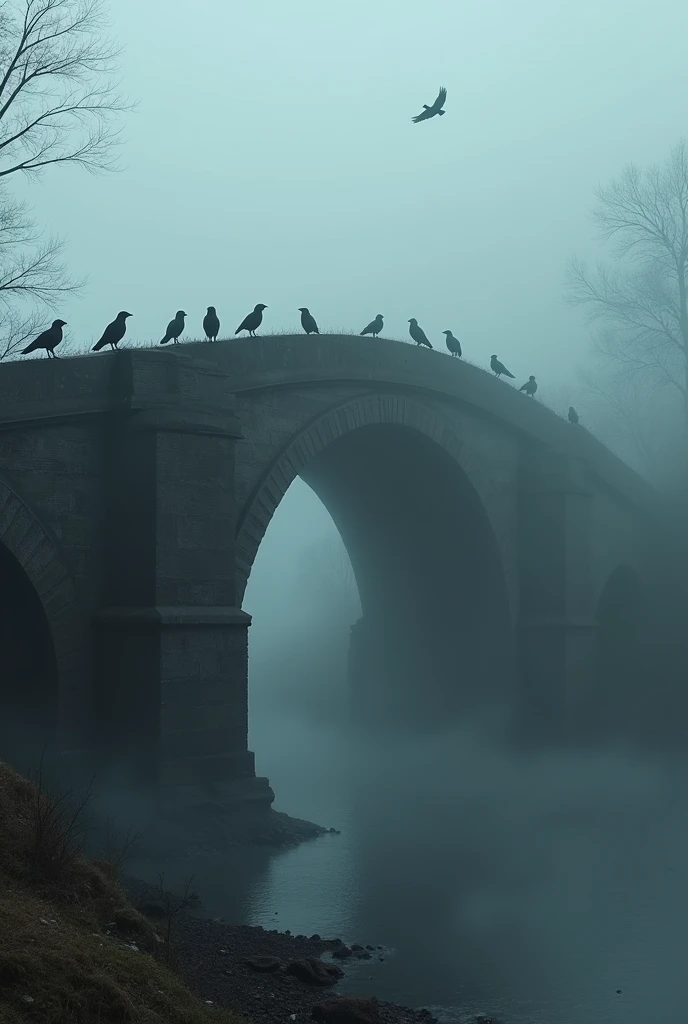 Realistic, theme is "Old bridge shrouded in fog", old bridge ahead, foggy and dim scenery, flocks of crows on the old bridge, eerie atmosphere, medieval Europe-like, sophisticated design, advanced lighting technology, real photo 8K quality