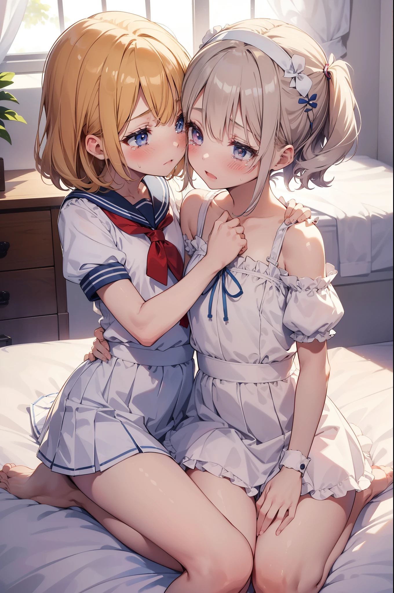 There are two girls. kissing each other, loving each other, One is tiny girl, with blonde bob hair, bright eyes, and a hair accessory, 5yearsold, tiny girls, Underwear with white ruffles. sailor suit with no sleeves, She has an innocent and petite appearance, radiating cuteness.
laying on bed, spreading legs, raise legs, missionary position 
On the other hand, the other girl is  in underwear with white ruffles. sailor suit,rolling up another girl's skirts, petting, (blushing:1.20, (orgasm :1.3), sweating, masturbating, (crying :1.2), looking at viewer, vaginal penis