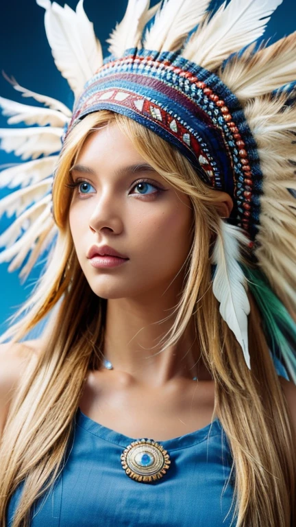 Native American, Front view,  American Indian , 28 years-old, (blond hair, long 2 string hair blue eye, serious),A beautiful girl wearing traditional Indian style, sandal, feather head decoration hat, (super detail, high details, high quality, accurate, anatomically correct, textured skin, beautiful fingers super detail, high details, high quality, best quality)