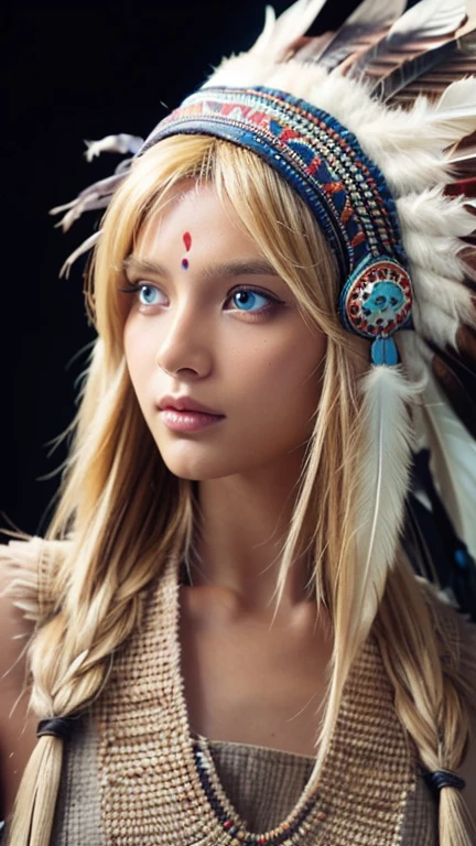 Native American, Front view,  American Indian , 28 years-old, (blond hair, long 2 string hair blue eye, serious),A beautiful girl wearing traditional Indian style, sandal, feather head decoration hat, (super detail, high details, high quality, accurate, anatomically correct, textured skin, beautiful fingers super detail, high details, high quality, best quality)