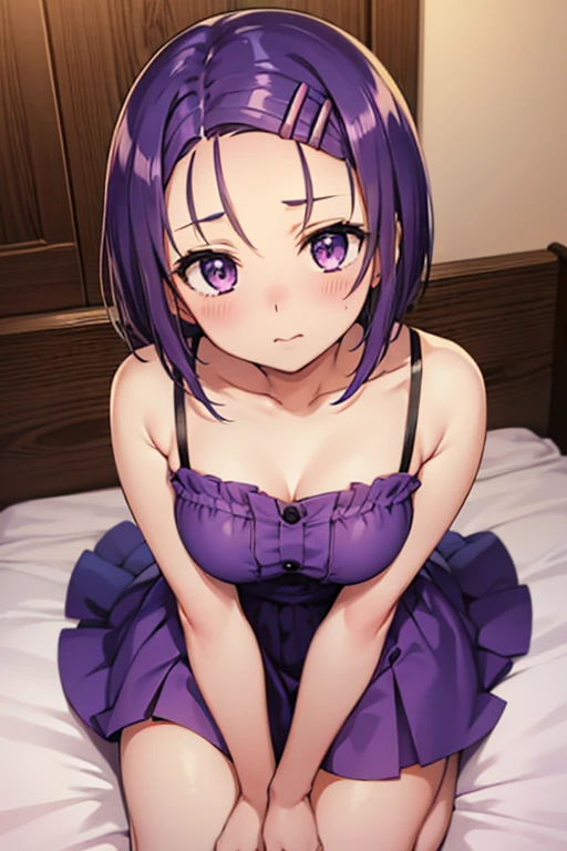 Haruna Sairenji, girl、 one girl 、Hair Accessories, Hair Clip, (Purple eyes:1.1), Purple Hair, short hair, Swept-apart bangs, (forehead:1.2),Best Quality,nude,nsfw,nude,embarrassed,bed room,on bed,