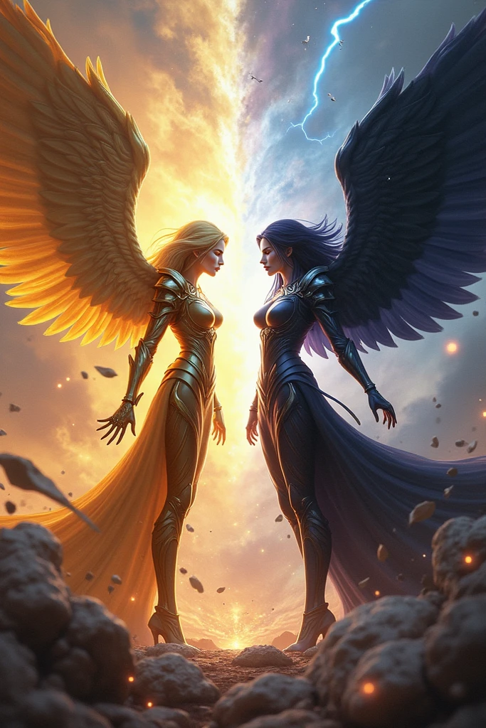 two cybernetic angel holding hands, shadow boy and girl, they're like praising the sun, while there's a floating city in the middle of the sun covering it 65%, easy to draw