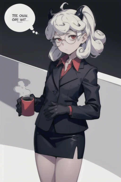 (masterpiece, best quality:1.2), solo, 1girl, htpandemonica, expressionless, looking at viewer, holding coffee mug, glasses, formal, suit, black jacket, red shirt, black gloves, black skirt