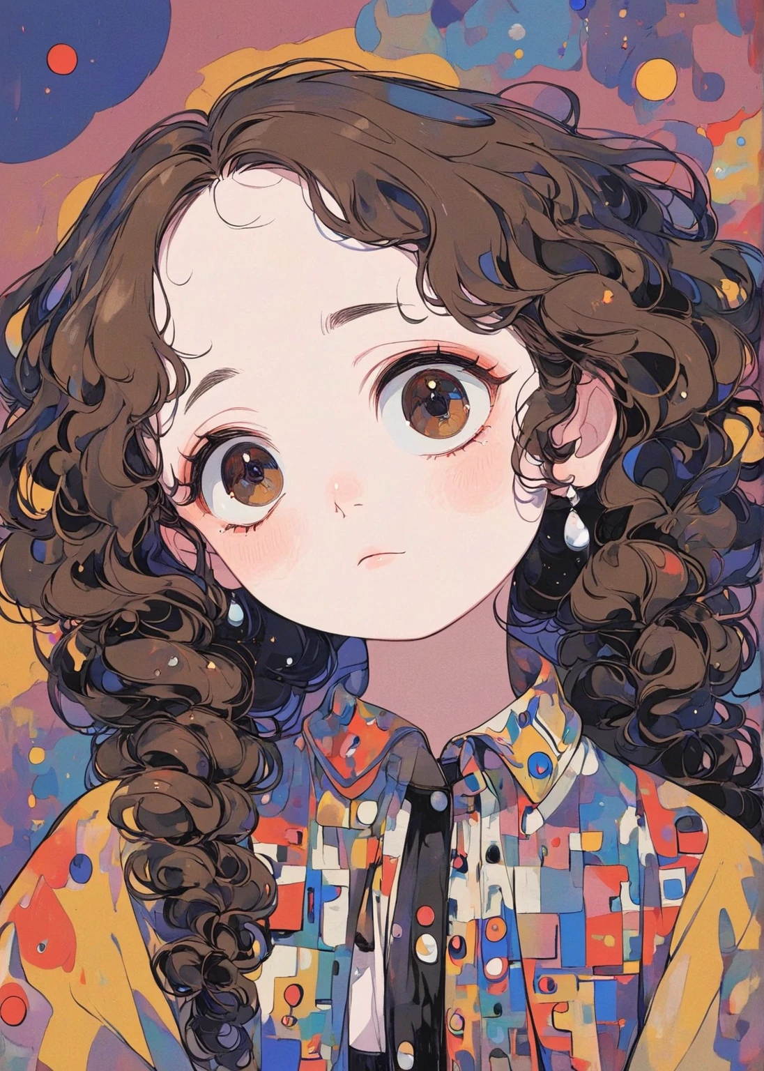 1 girl, little fat, little smile, brown eyes, forehead, black curly long hair, low twintails hair, indoor, 1980s dot-pattern retro shirt, open shirt, small tits, midnight, dark living room, shy, looking away, Wassily Kandinsky: abstract style, Gustav Klimt: art-nouveau style, Andy Warhol: pop-art style,