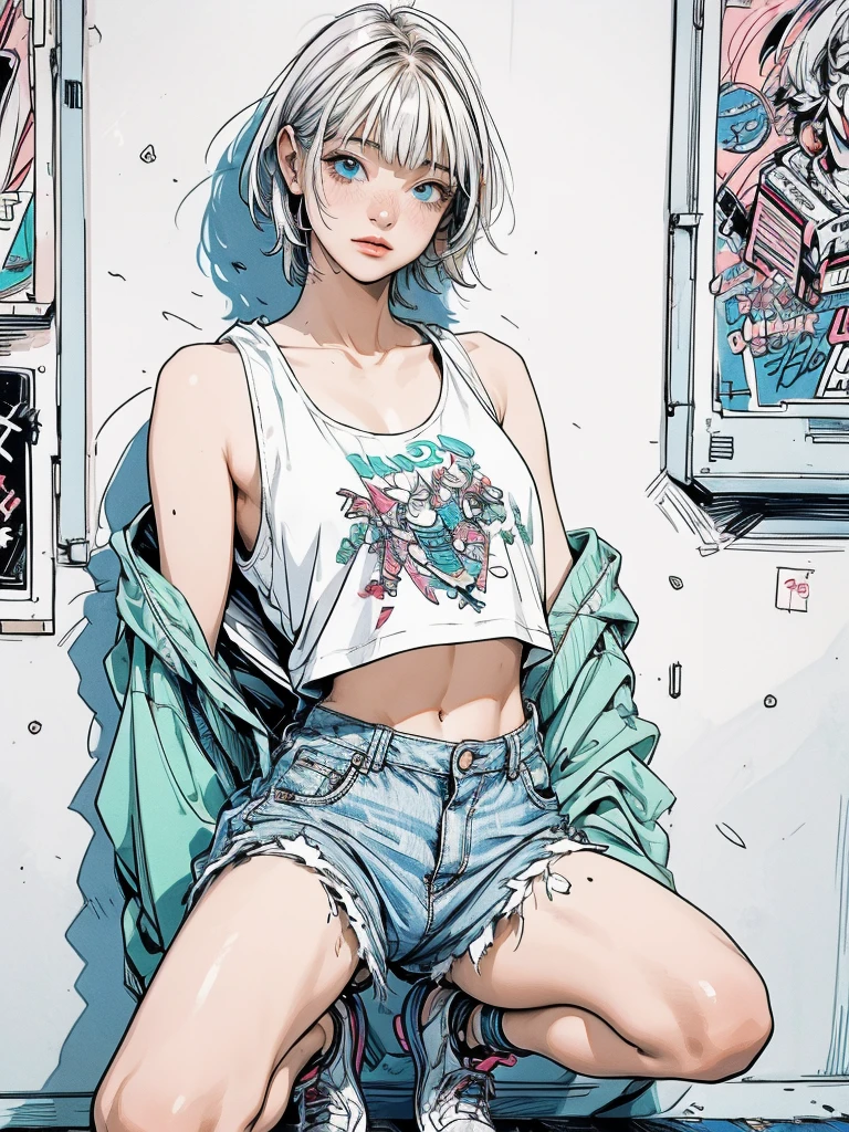 masterpiece, Highest quality, Very detailed, 8k, Realistic, super close up of chest, focus on crotch, One Girl, alone, Very detailed face, crouching in front of a wall covered in hip hop graffiti, Cyberpunk neon cityscape,Pixie cut white hair, She is wearing a short neon tank top and an open hoodie, Nice ass, (flat chest:1.2), nsfw, upshorts
