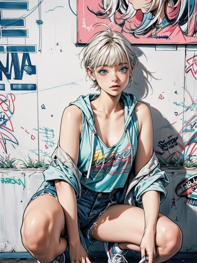 masterpiece, Highest quality, Very detailed, 8k, Realistic, super close up of chest, focus on crotch, One Girl, alone, Very detailed face, crouching in front of a wall covered in hip hop graffiti, Cyberpunk neon cityscape,Pixie cut white hair, She is wearing a short neon tank top and an open hoodie, Nice ass, (flat chest:1.2), nsfw, upshorts
