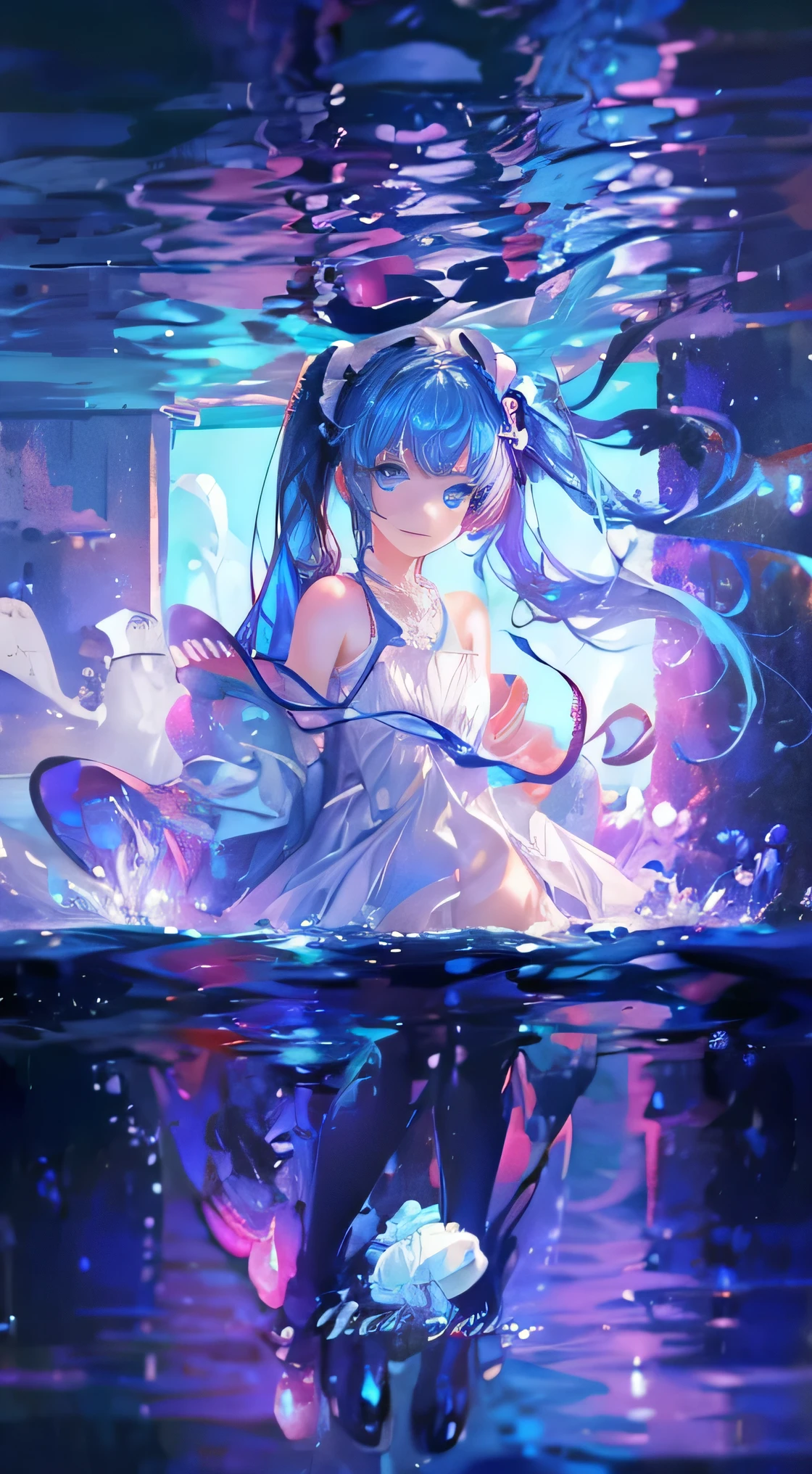 A girl is sitting ,(( a very large brush)), ((Paint Slime  smearpackages around it a lot of colored sides))and the girl is holding a cup stained with paint, and the dress is stained with paint, beautiful and cute, dark blue hair, green hair, hair between eyes, long hair, split ponytail, leaf hair ornament, dilated pupils, long pointy ears, glowing light, partially underwater shot, wide shot, Low-Angle, super detail